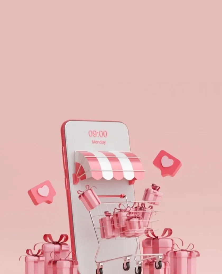 Phone styled as a gift shop with a cart of wrapped presents and heart reactions
