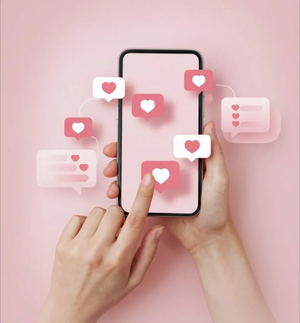 Hands holding a phone surrounded by floating heart reactions and comment bubbles