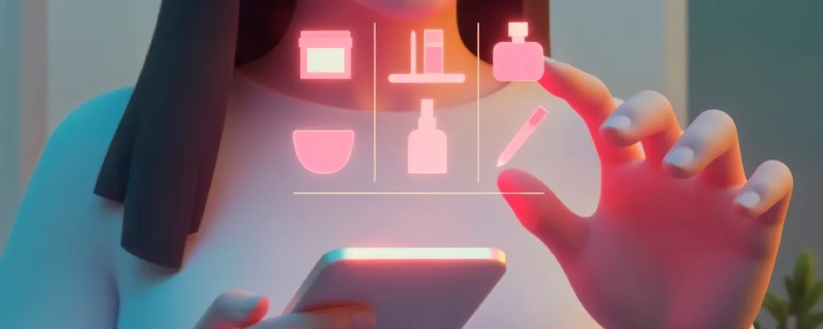 Woman holding a phone while glowing product icons float in front of her